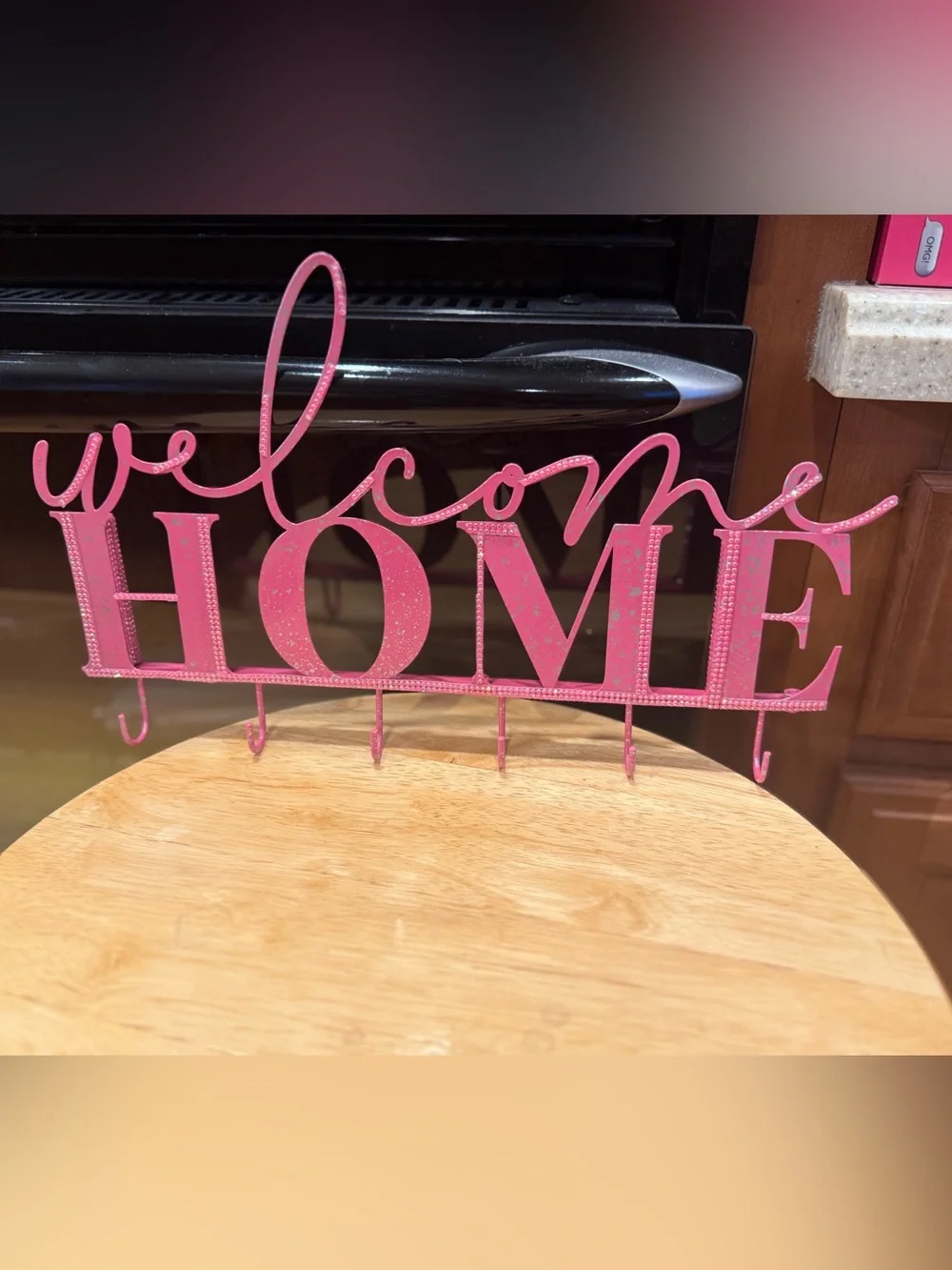 “Welcome Home “Pink Wall Hook Rack for keys Rhinestone accents